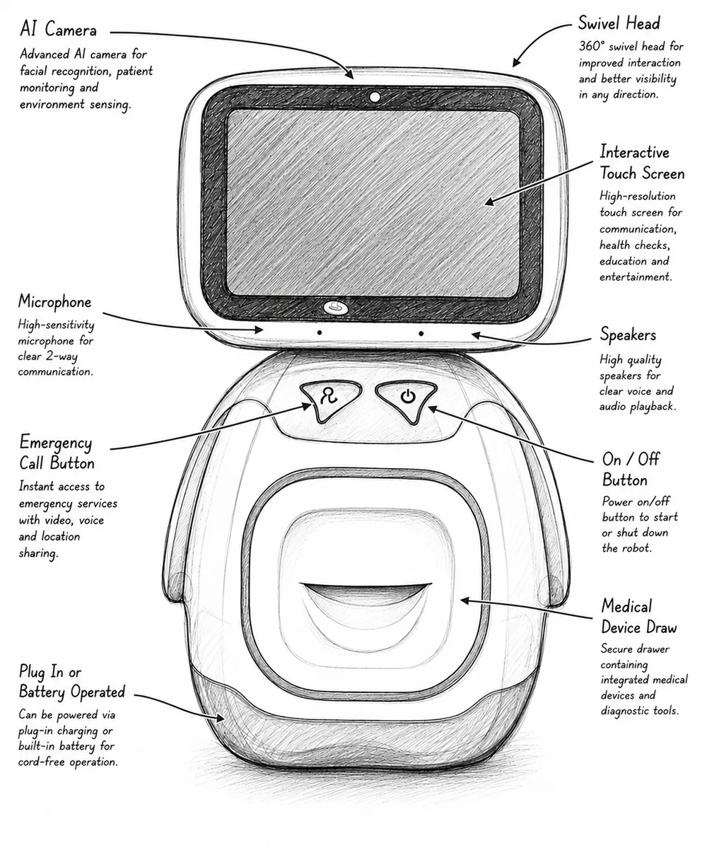 RaaS Tech healthcare robot concept sketch labelled with AI camera, 360 degree swivel head, interactive touch screen, high-sensitivity microphone, speakers, emergency call button, on/off button, secure medical device drawer, and plug-in or battery-operated power.